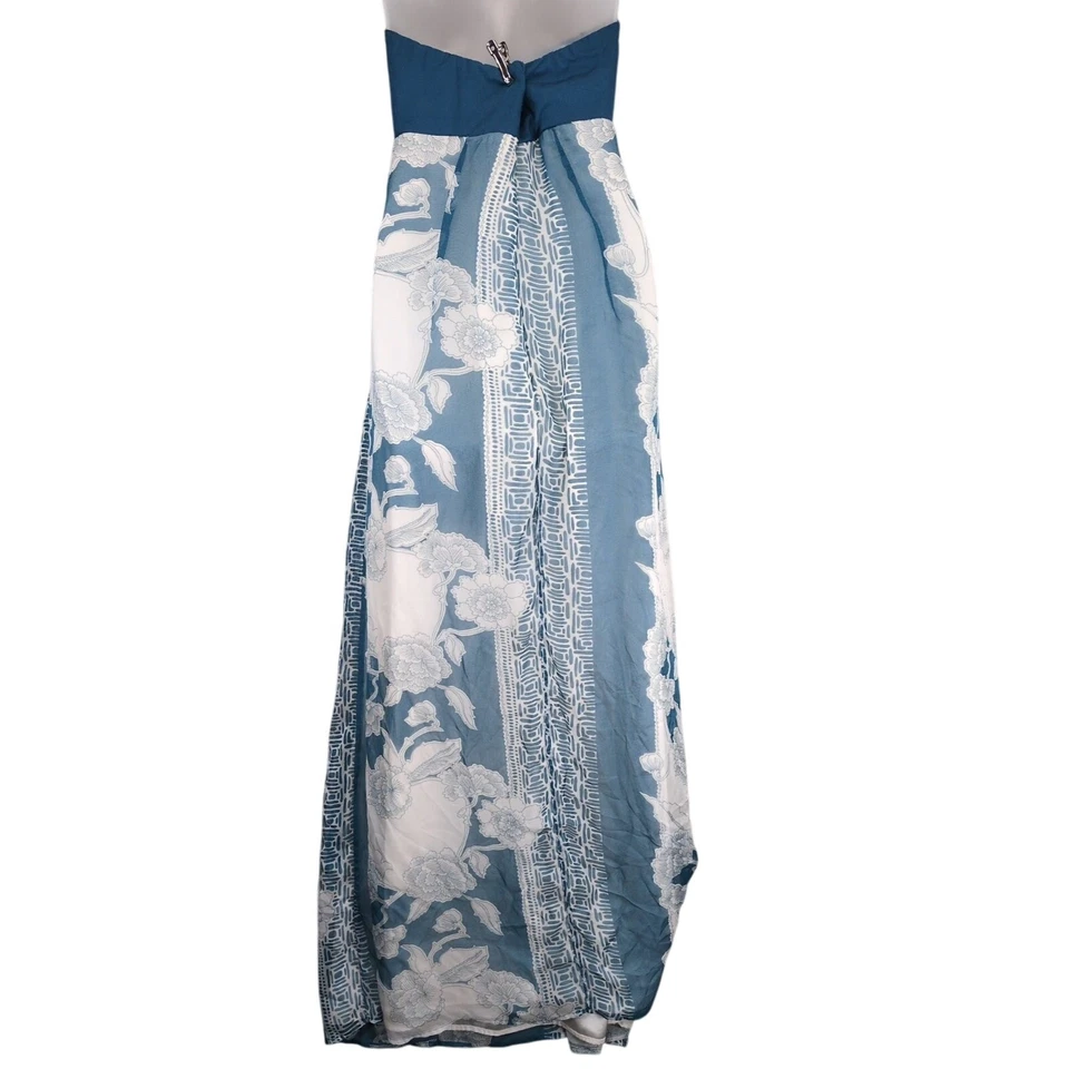 Vestido maxi Charlotte Russo tamanho G babydoll sem alças cintura alta azul floral transparente - Imagem 3 de 4