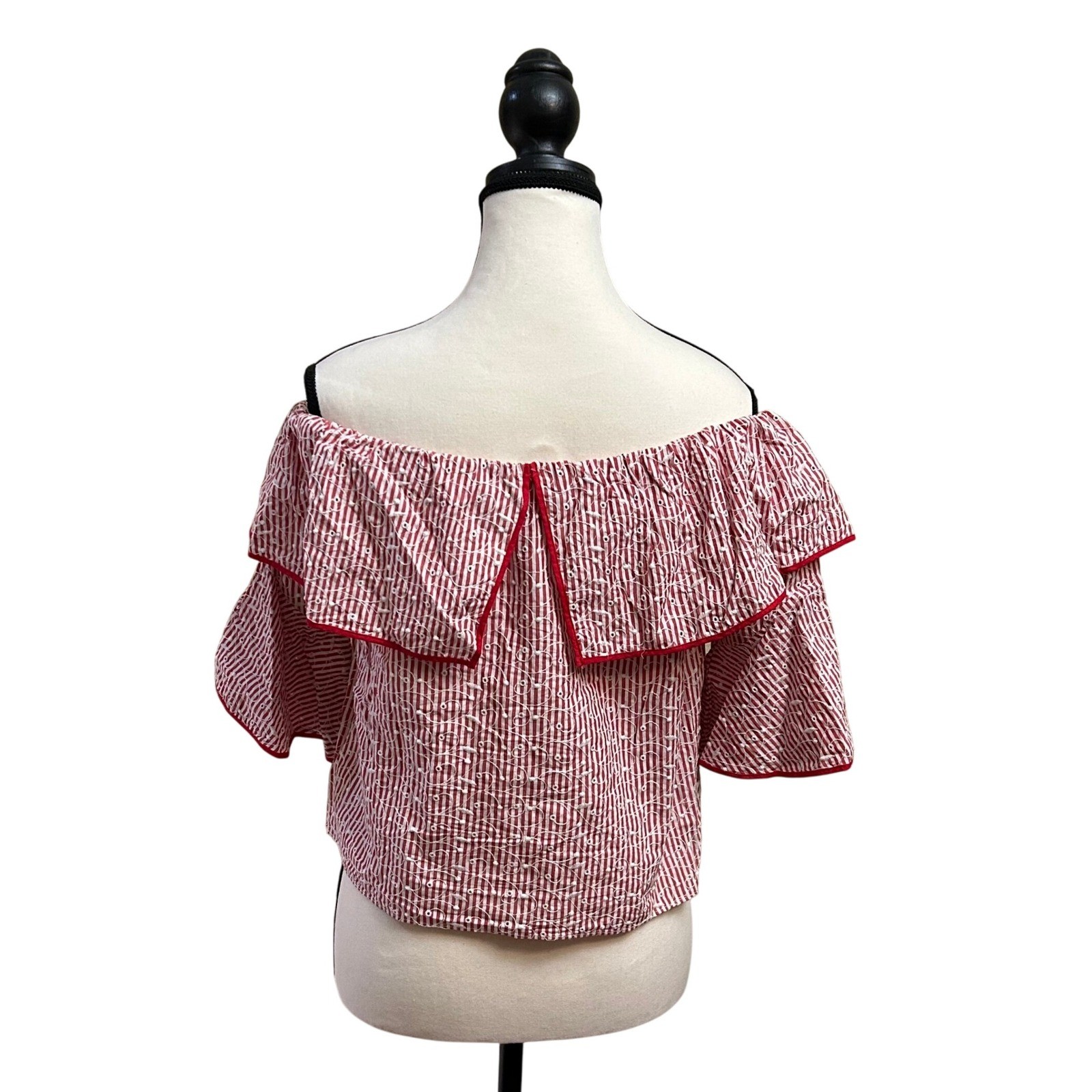 Zara Basic Collection Red Striped Eyelet Off Shou… - image 2