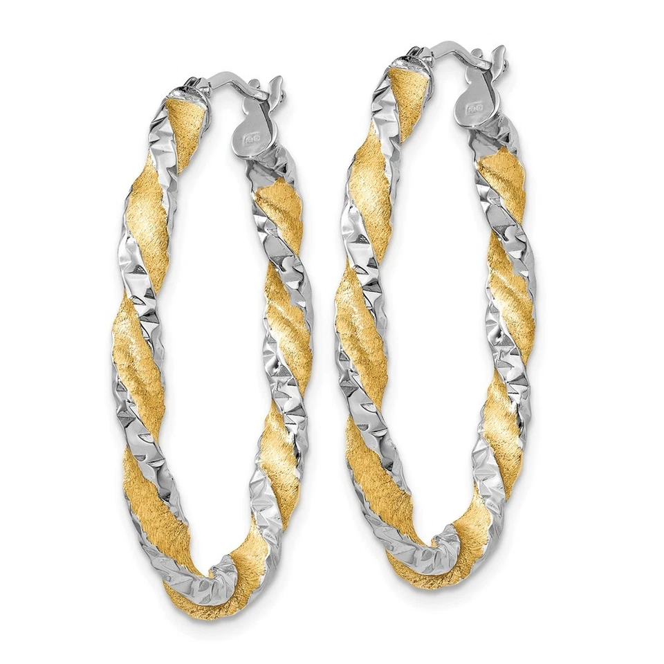 Aretes tipo argolla ovalados de oro blanco y rodio amarillo de 14 k talla diamante retorcido 1,9 g Foto 2 de 4