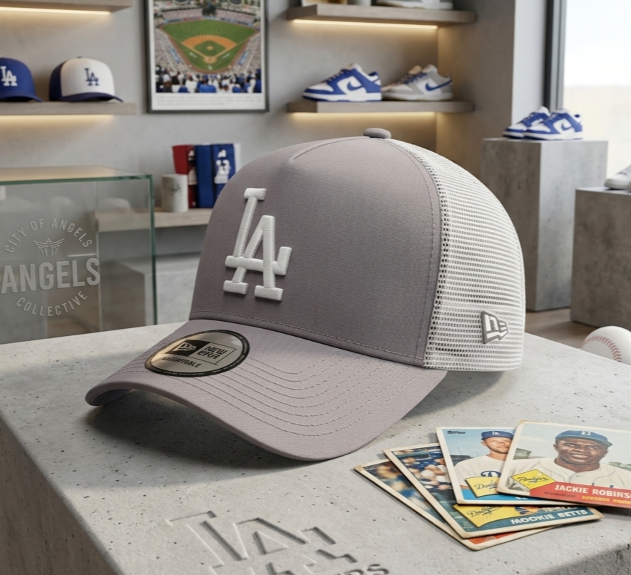 MC LA DODGERS 47 QUILL CAP GREY 帽子 刺繍 青白 New Era 9FORTY LA Dodgers Hat Grey White Mesh Trucker Cap Los
