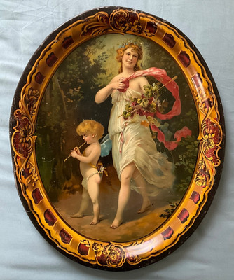 Vintage Antique Advertising Tray with Flute Playing Cherub & Maiden NO.1