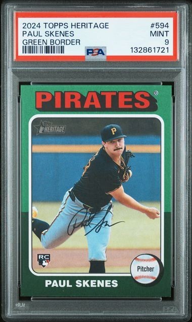 PAUL SKENES 2024 Topps Heritage #594 GREEN BORDER Rookie RC PSA 9 Pittsburgh