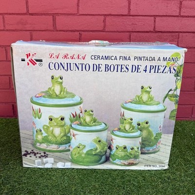 KK Ceramics Frog Canister Set of 4 Hand Painted Cottagecore Cookie Jar Green