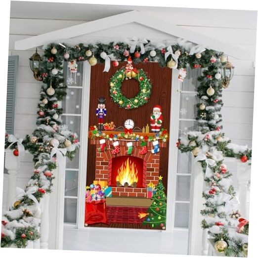  Merry Christmas Door Cover Red Brick Wall Scene Setter Christmas Fireplace 