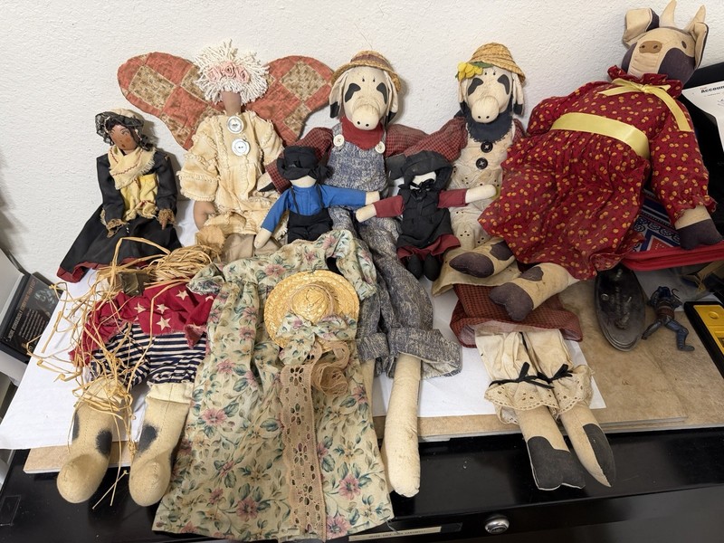 Antique Vintage Folk Art 1850’s-1980’s Cloth Dolls Handmade/Rag Lot Of 8