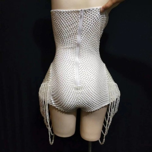 White Pearls Tasseled Bodysuits Sexy Women's Party Clubwear Performer Outfit - Picture 3 of 10