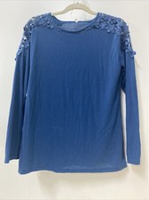 Womens Lace Summer Blue Top Long Sleeve Casual Blouse Lace Shoulders Sz M