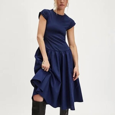 Free People Afternoon Elegance Navy Cotton Flowy Skirt Midi Dress Medium |  eBay