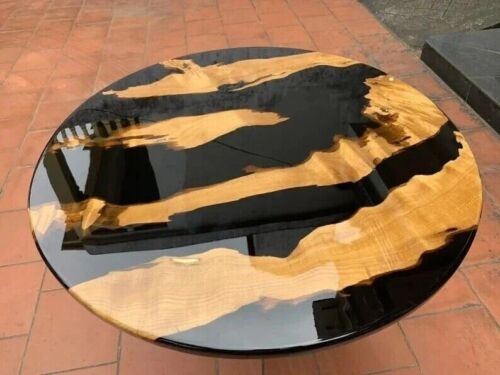 Black Round Epoxy Resin Coffee Table Live Edge Wooden Furniture Living Room Deco