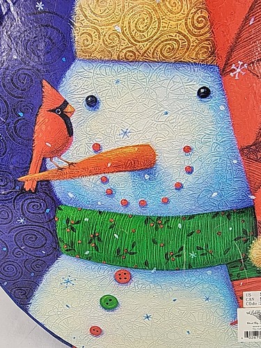 Snowman Cardinal Hat Box Round Lid Handle 12" X 6 Blue Box - Picture 7 of 13