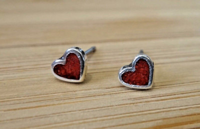 Sterling Silver TINY 4x5mm Red Stone chip Inlaid Heart Stud Studs Earrings