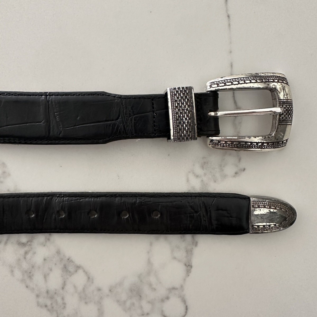 Vintage Belt Crocodile Print Metal Accents Black Silver S/M Hand Painted Caiman Crocodile Belt - Pewter | Martin Dingman main image 3