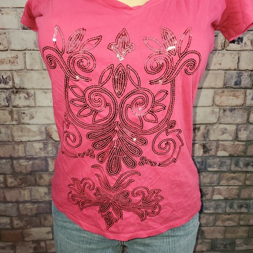 Camiseta gráfica para mujer Top rosa lentejuelas cuello en V Blusa NY & Co Talla XS - Imagen 6 de 8