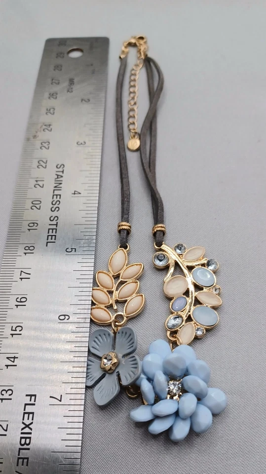 Liz Claiborne Floral Necklace Light Blue & Ivory Rhinestone & Enamel Gray Cord - Image 2 of 4