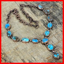Oval Tibetan Turquoise Stone Copper Electroformed Bezel Chain Handmade Necklace
