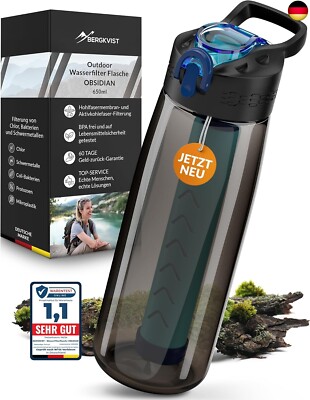 BERGKVIST  Outdoor Wasserfilter Flasche OBSIDIAN (650ml) mit Kompass - 