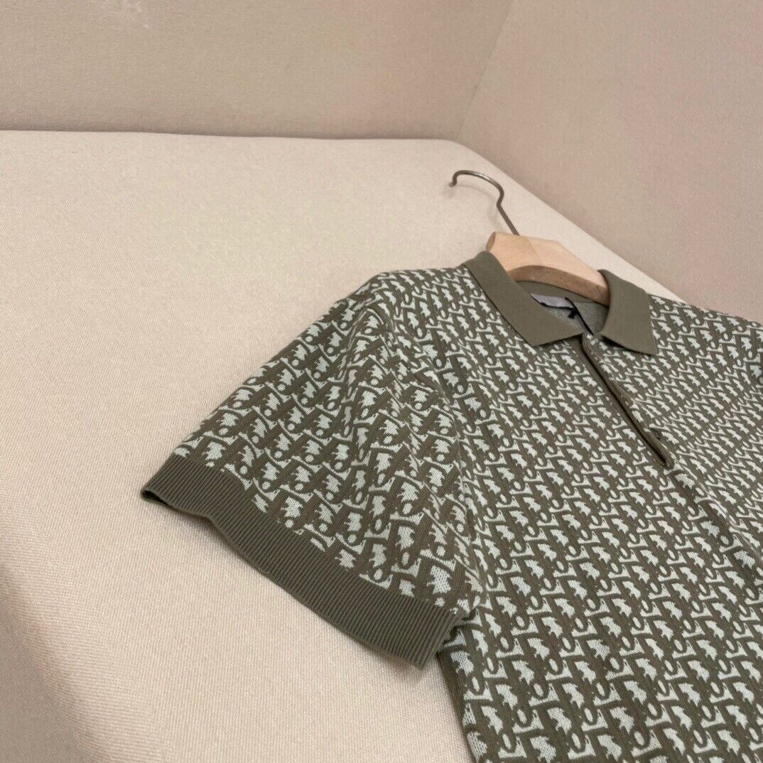 Dior Oblique Logo Cotton Jacquard Knit Khaki Polo Shirt Size Dior Oblique Logo Cotton Jacquard Knit Khaki Polo Shirt Size