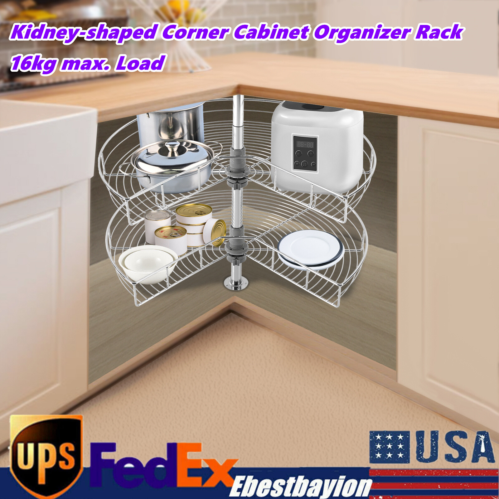 28-Inch Kidney-Shaped 2-Shelf Corner Cabinet Organizer for Kitchen Storage