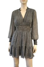 ZARA sz S Long Sleeve Smocked Animal Print Chiffon Ruffle Hem Mini Dress