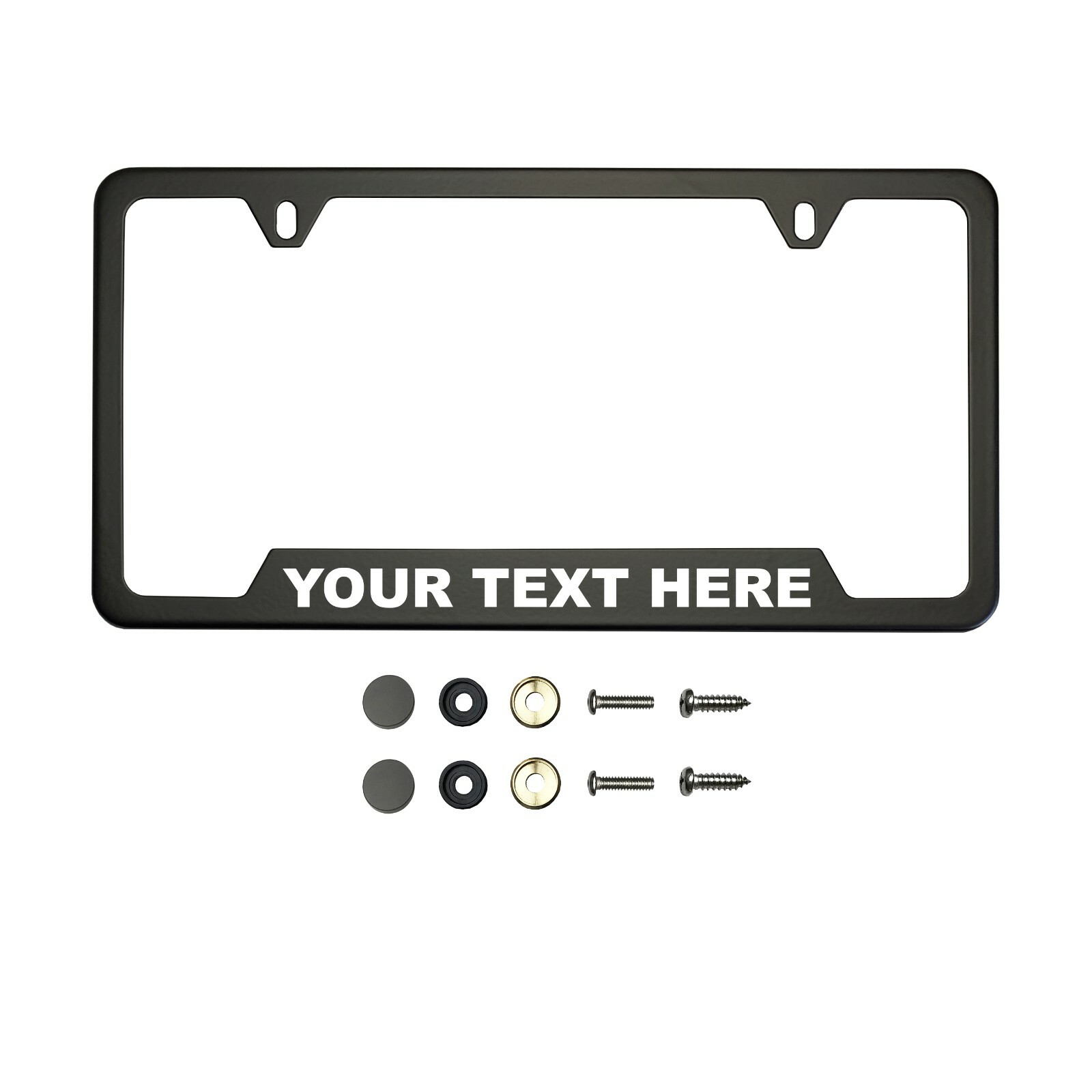 Bottom Corner Cut Out Matte Flat Black License Frame Laser Etched+Screw Caps
