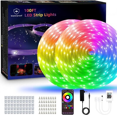 100ft Outdoor led Strip Lights Waterproof Smart APP control Color Changing AC/DC