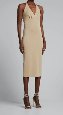 Chiara Boni La Petite Robe Shimmery V-Neck Halter Midi Dress, Golden Sand, Women's, 6, Petites Petite Dresses & Jumpsuits