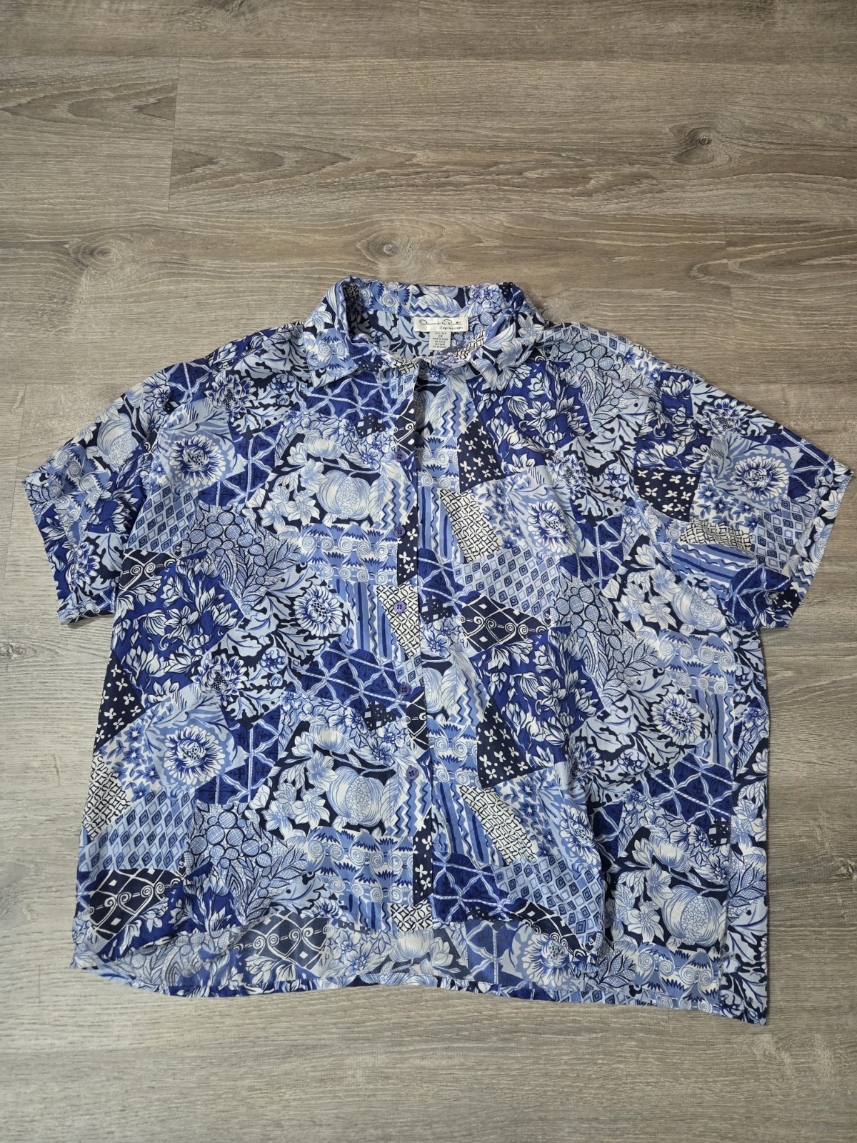 Oscar de la Renta Expressions 100% Silk Blouse Women’s 2X Blue Floral Button Up