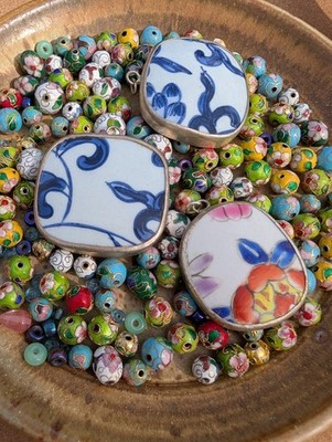 Porcelain Pottery & Cloisonné Bead Lot Destash Mix Match Pendant Beads XL Large