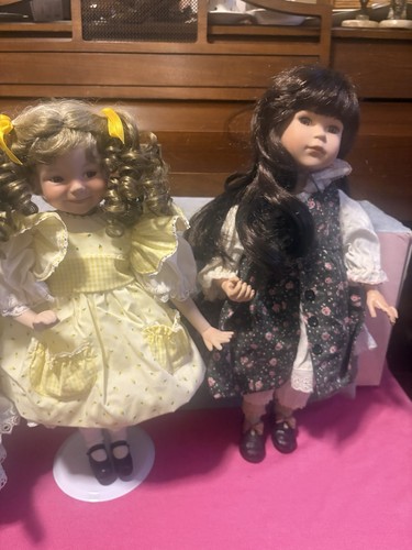 Porcelain Doll Collection Lot of 3 In box and loose with accessories and stands - Image 1