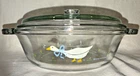 Vintage Anchor Ovenware Blue Goose 1.5 Qt Glass Casserole Dish w Lid 1987