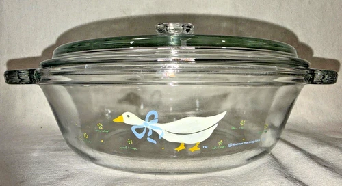 Vintage Anchor Ovenware Blue Goose 1.5 Qt Glass Casserole Dish w Lid 1987