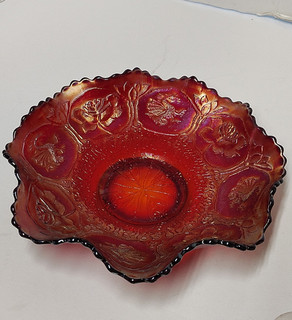 RARE Fenton DRAGON & LOTUS Red Opalescent Iridescent Carnival Glass Bowl Platter