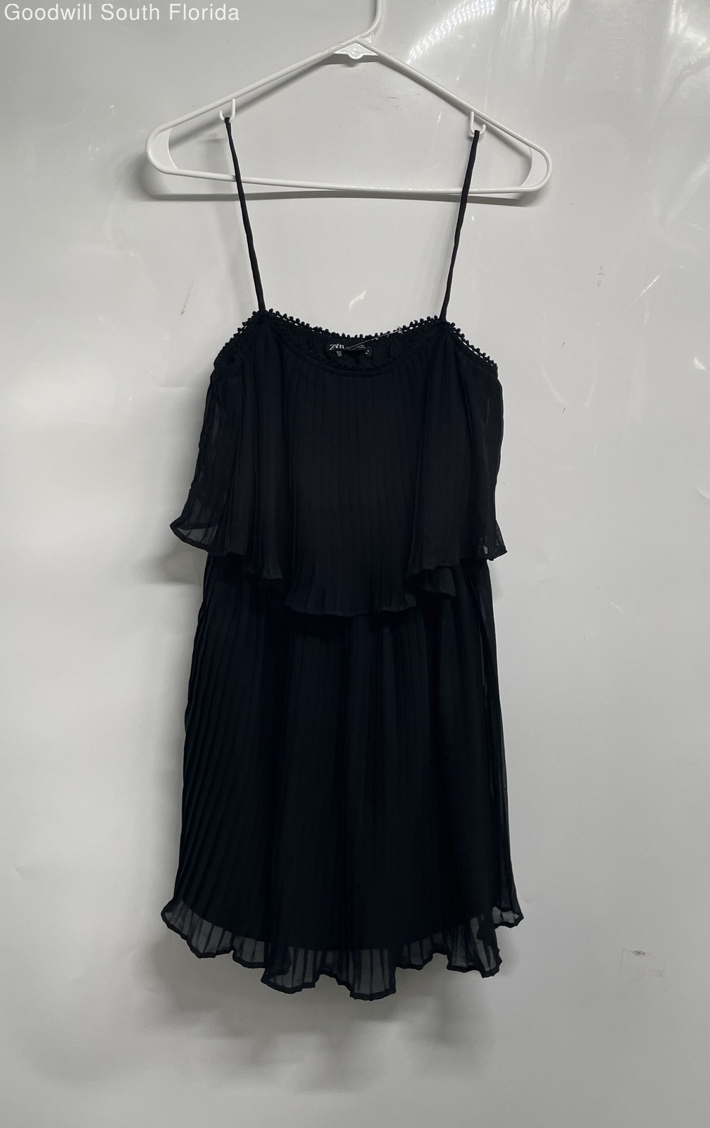 Zara Womens Black Spaghetti Strap Pleated Layered Party Cocktail Mini Dress XS