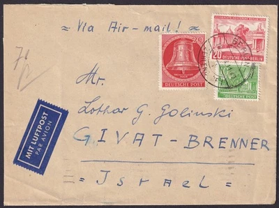 Berlin 1954 - Luftpostbrief Glocke & 4-Mächte Konferenz Berlin - Israel - Bild 1 von 2