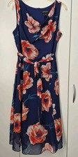 Enfocus Studio Draped Navy and Coral Floral Dress Chiffon Sheer Lined Size 10