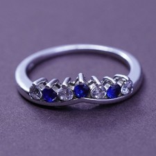 Size 6, vintage Sterling 925 silver handmade ribbed ring with blue topaz and Cz