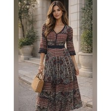 Chloe Oliver Boho Paisley Maxi Dress V-neck sales Empire Waist Flowy Sz XS