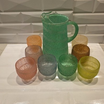 MCM Vintage Spaghetti String Pitcher & 8 Roly Poly Glasses