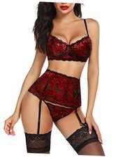 Women Lingerie Set High Waisted Underwire Lingerie With Garter Large A-red