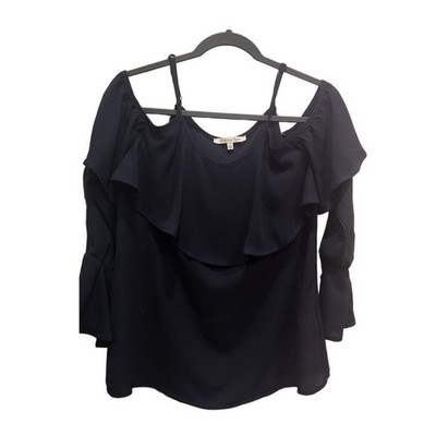Blushing Heart Navy Blue Cold Shoulder Ruffle Long Sleeve Top Women's Size S