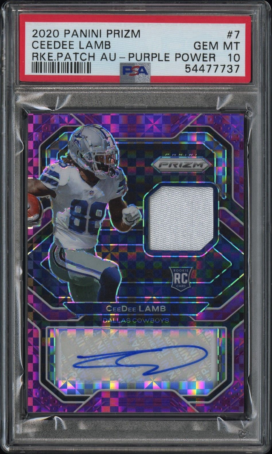 CeeDee Lamb Panini Prizm Rookie Patch Autographs #7 Purple Power