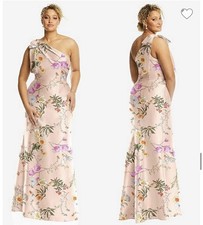 Alfred Sung FLAWED Bow One Shoulder Floral Satin Trumpet Gown Pink Butterfly 4
