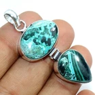 Long Chrysocolla Malachite 925 Silver Plated Pendant 2.2" Good Luck Gift GW