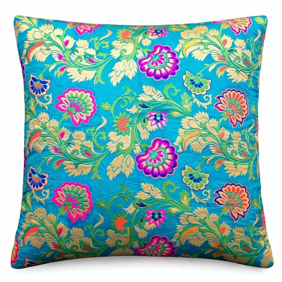 Funda de cojín de brocado de seda indio artesanal verde azulado étnico floral... - Imagen 1 de 4