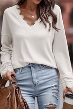 NEW WITH TAGS Small White Ribbed Lace Trimmed V-neck Long Sleeve Banded Waist