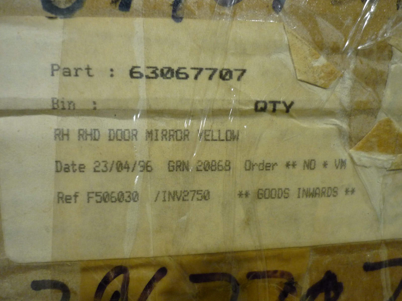 Ferrari 512 - RH Door Mirror Yellow (NEW)  - P/N 63067707