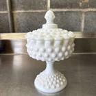 Vintage Fenton Hobnail Milk Glass Covered Candy Dish Pedestal Lidded Bowl 8.5”
