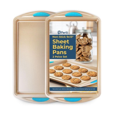 Cookie Sheet Baking Pan 2 Piece Set, 9x13'' Gold Nonstick Trays with Blue Sili...