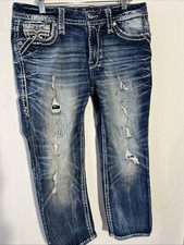 Rock Revival Easy Crop Distressed Straight Stretch Sz 29 Blue Jeans Rhinestone