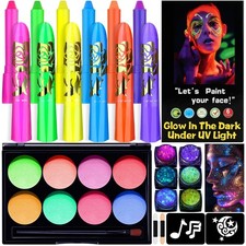 Glow in the Dark Neon Face Paint Kit - UV Blacklight Body Makeup with Stencils f
